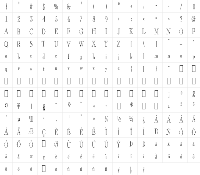 BD Engaved Narrow Regular  glyph index