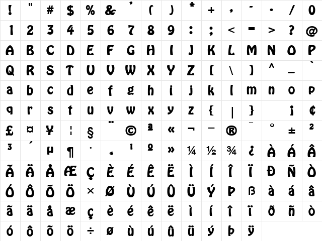 Bobo Bold  glyph index