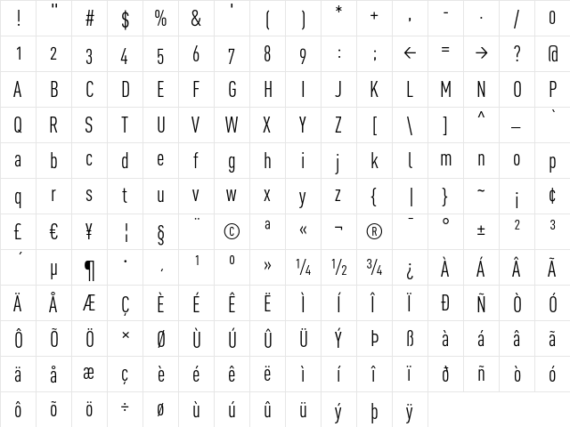 DINCond-RegularAlternate Regular  glyph index