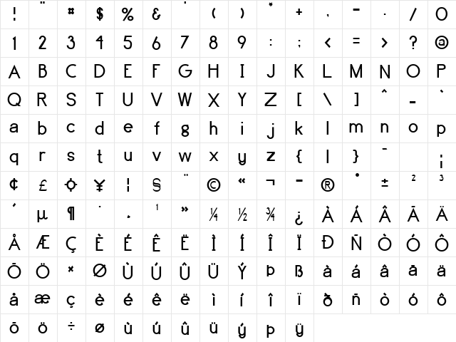 Brassfield Regular  glyph index