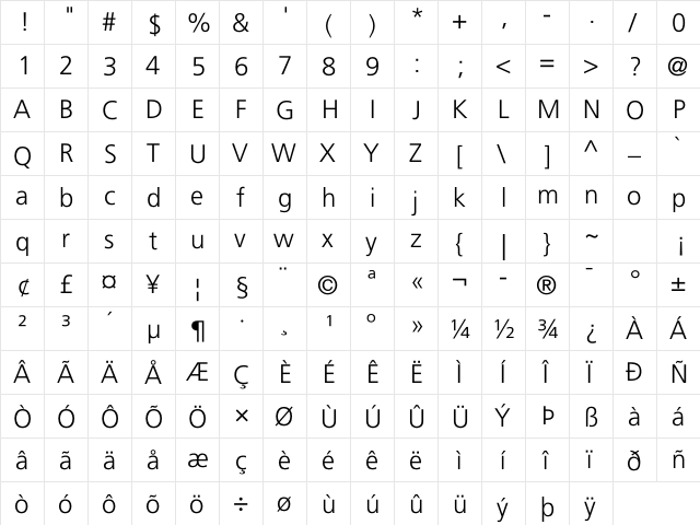 Frutiger LT Com 45 Light  glyph index