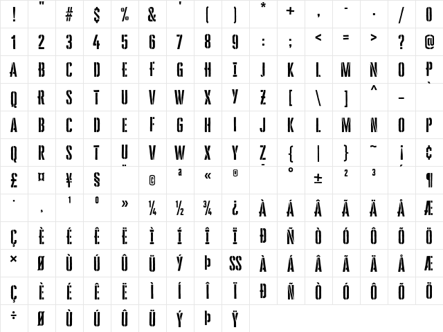 Cheddar Gothic Stencil Regular  glyph index