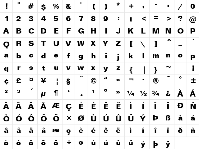 Folio Bold  glyph index