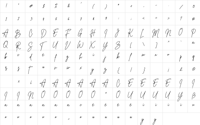 Christine Signature Regular  glyph index
