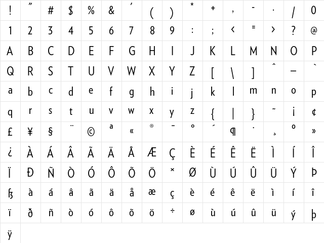 Verlag Condensed Book  glyph index