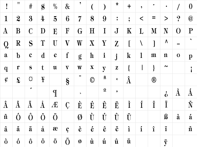 Tiffany-Bold Cn Regular  glyph index