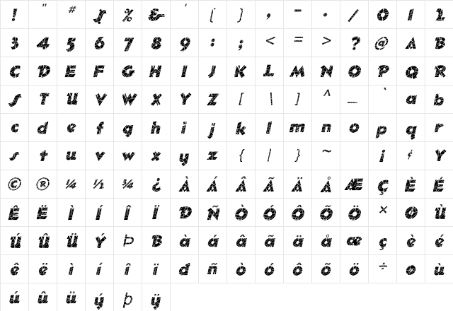 Ole-Cracked Italic  glyph index