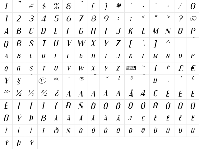 Engebrechtre Expanded Italic  glyph index