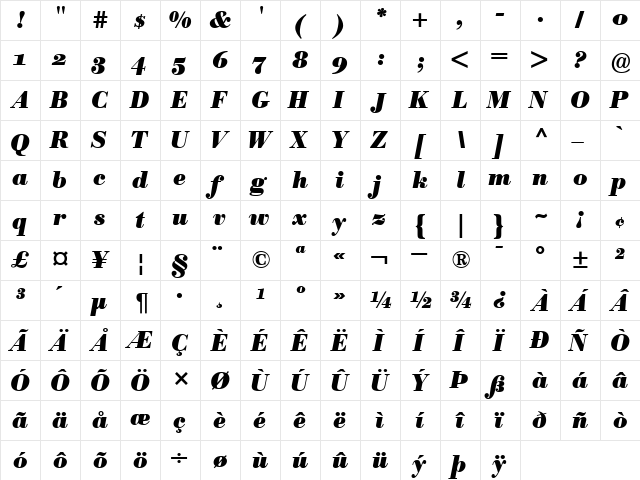 BodoniBEOldstyleFigures BoldItalic  glyph index