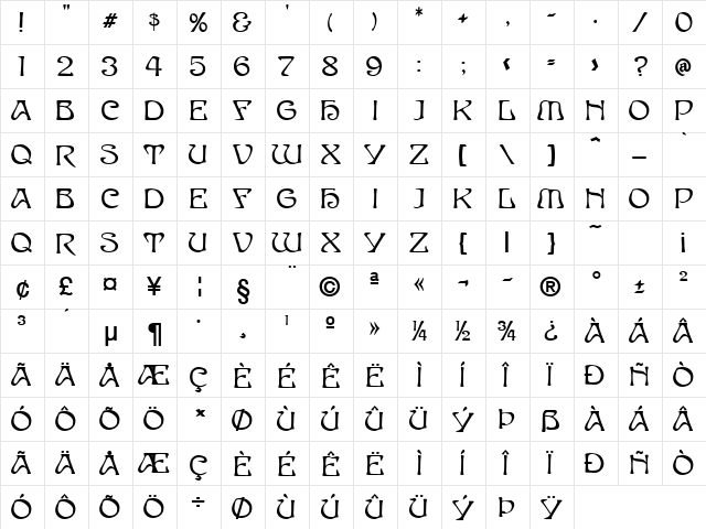 Elves Bold  glyph index