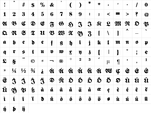 Fette National Fraktur Regular  glyph index