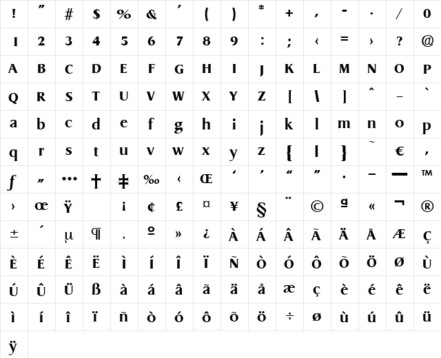 Dragon-Bold Regular  glyph index