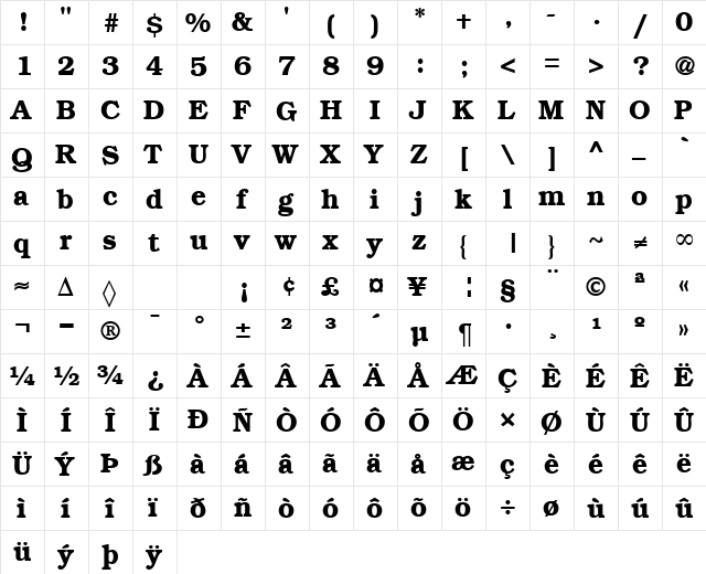 Bookman Bold  glyph index
