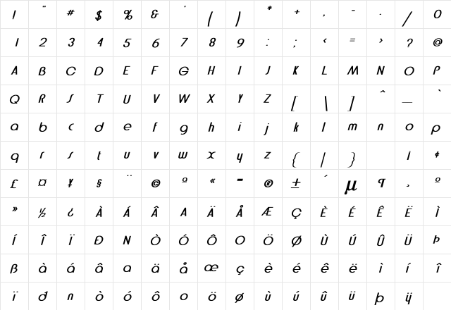 Bethel Bold Italic  glyph index