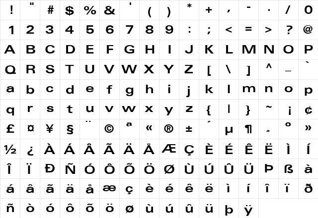 Univers-BoldExt Regular  glyph index