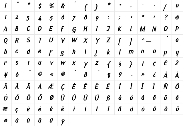 Fasciani-Senza ExtraBoldItalic  glyph index