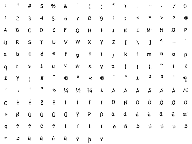 Not Too Shabby Plain Regular  glyph index
