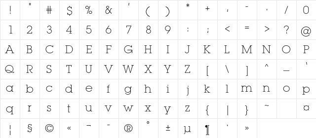 LugaExtraLightC Regular  glyph index