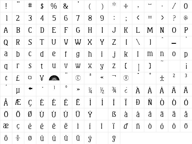 Baumfuss Regular  glyph index