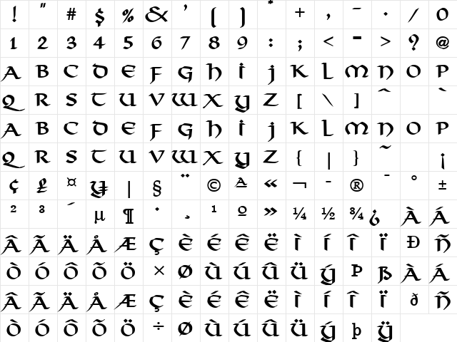 Valhalla Bold  glyph index