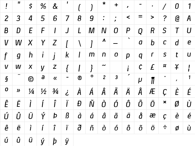 Xenu Semibold Italic  glyph index