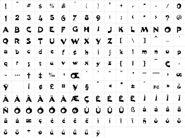 Carwash Regular  glyph index