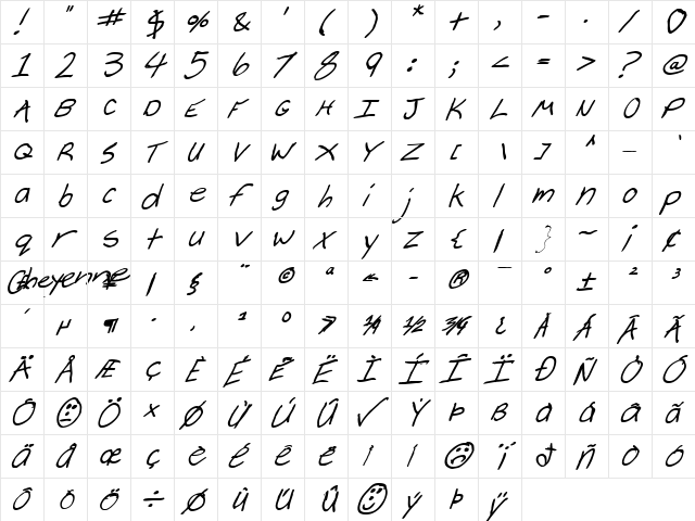 Cheyenne Hand Bold Italic Bold Italic  glyph index