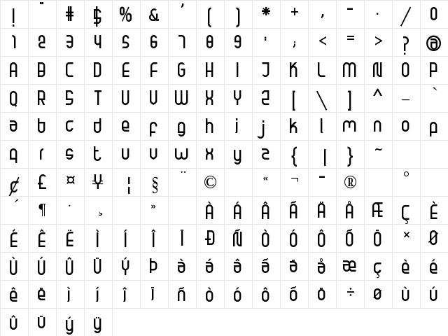Dugal Regular Regular  glyph index