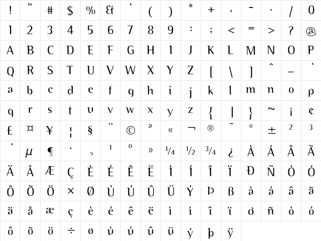 Binary ITC Regular  glyph index
