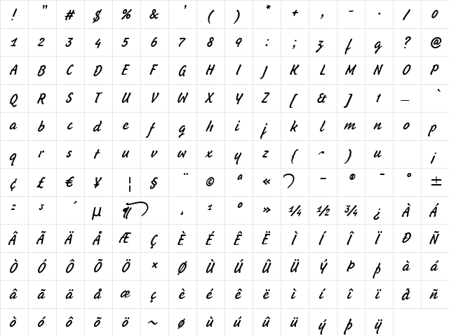 SchussHandITC Bold  glyph index