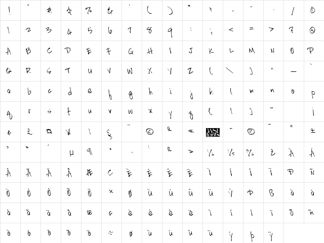 HandScriptLefty Regular  glyph index