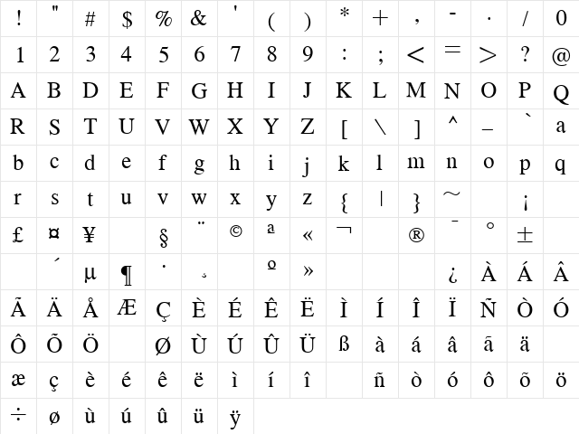 Vega Medium  glyph index