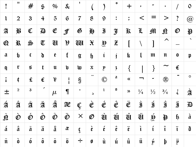 CloisterBlack BT Regular  glyph index