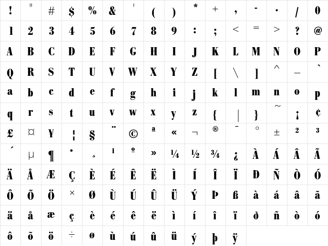 BodoniEF BoldCond  glyph index