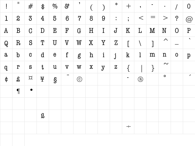 Dateline Condensed Regular  glyph index