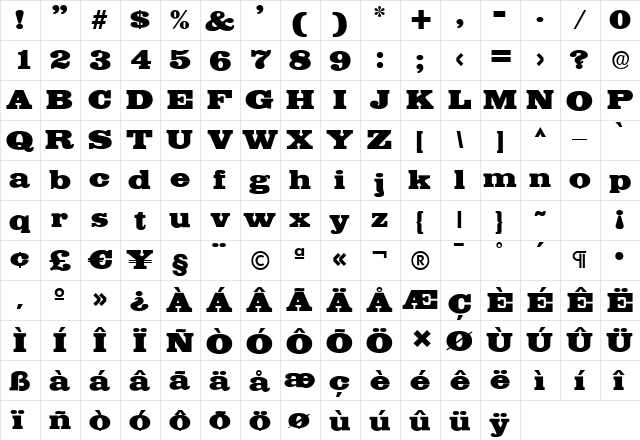 EgyptianWide Regular  glyph index