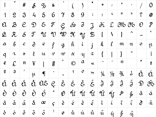 Amptmann Script Regular  glyph index