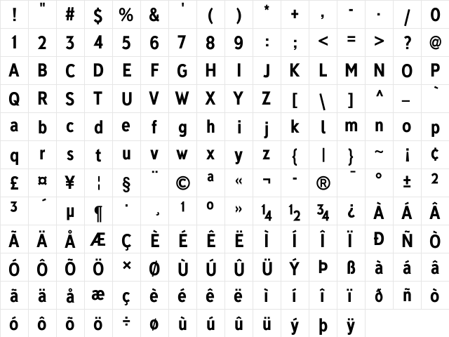 Deansgate Condensed Bold  glyph index