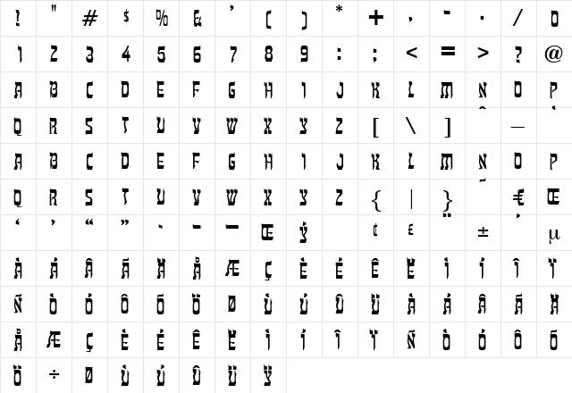 Rasputin Regular  glyph index