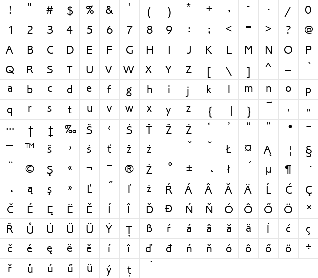 CorinTEELig Regular  glyph index