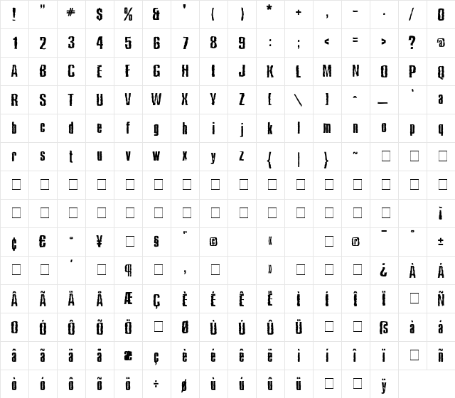 Blue Cake Regular  glyph index