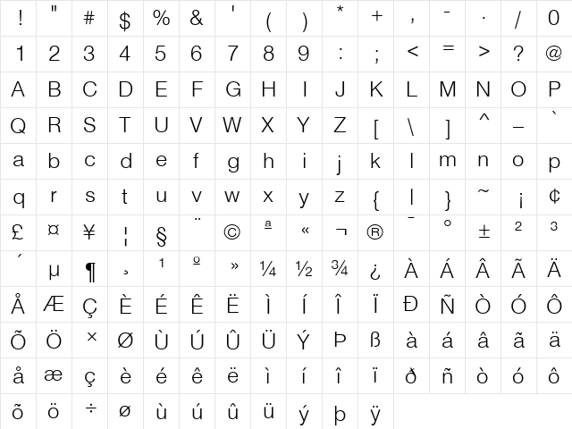 Helvetica-Light Regular  glyph index