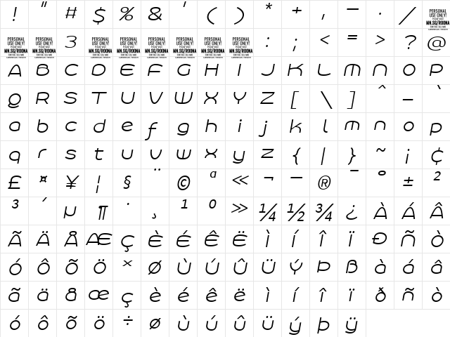 Roona Sans Light PERSONAL Italic  glyph index