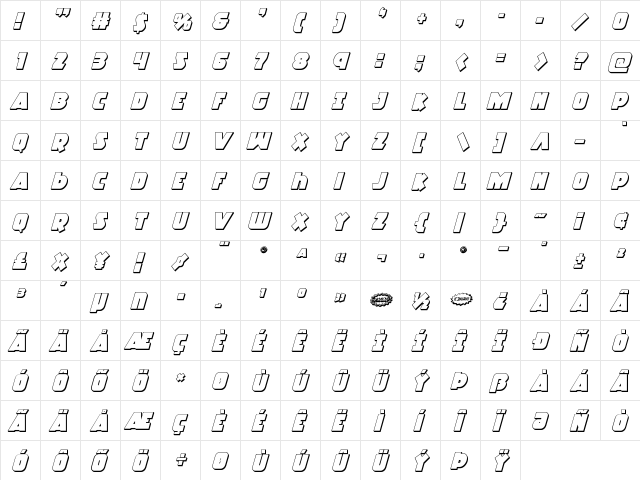 Racket Squad 3D Italic Italic  glyph index