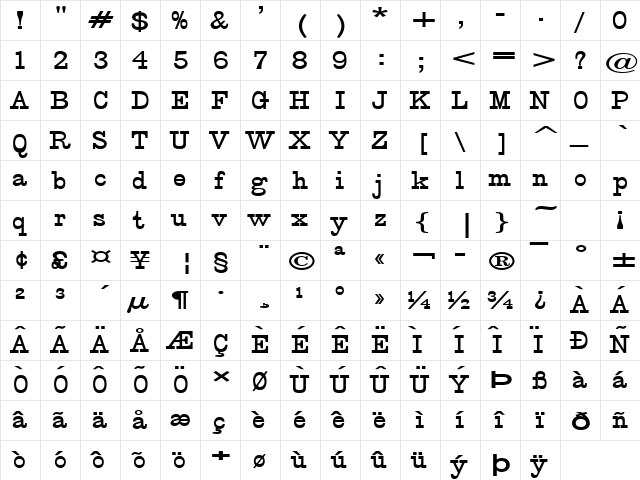 Circus Wide Bold  glyph index