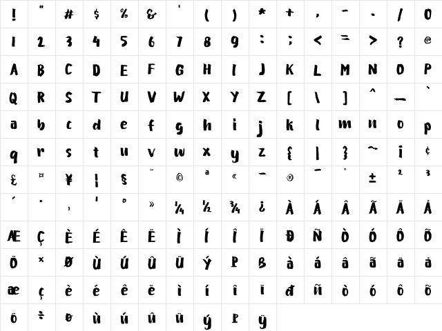 Yakow BRUSH Regular  glyph index