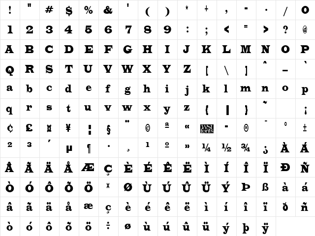 EvitaUltraCondensed Regular  glyph index