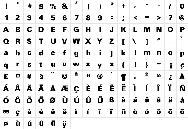 Univers-Black-Normal Regular  glyph index