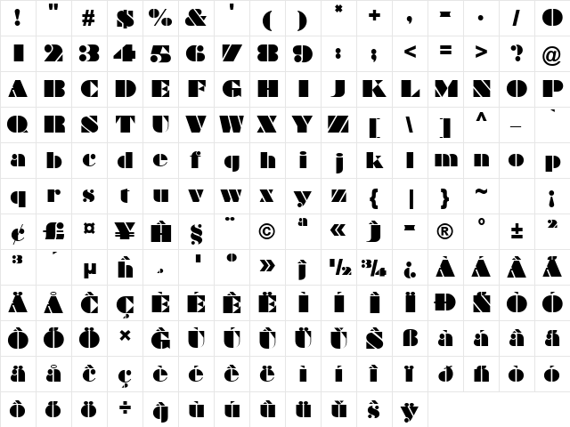 Braggadocio Eo Regular  glyph index