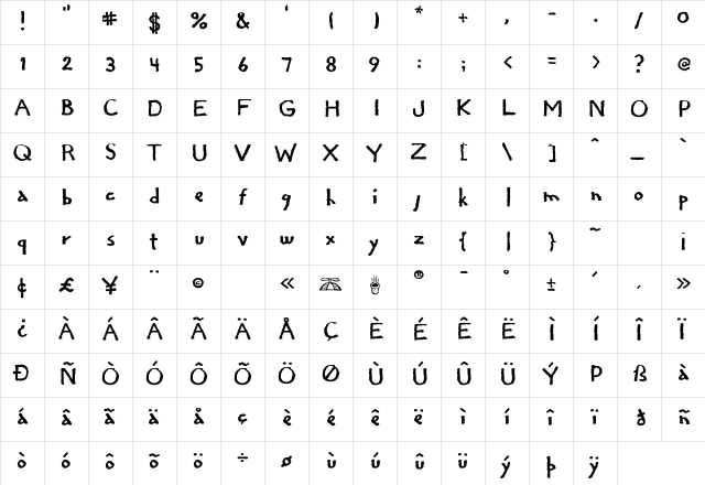 Regular Joe Regular  glyph index